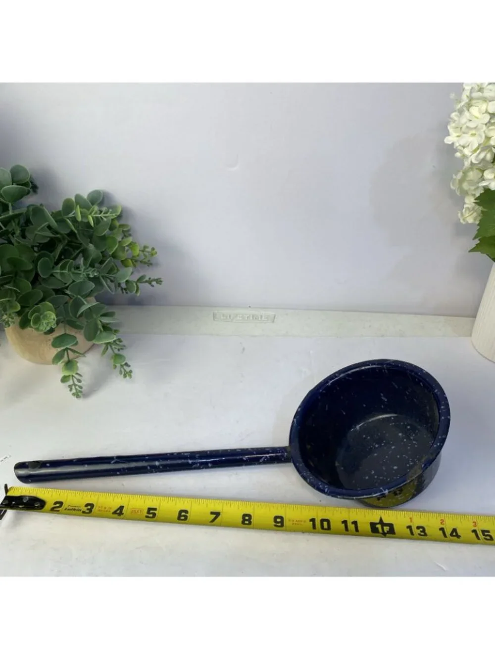Vintage Blue Speckled Enamelware Farmhouse Dipper Ladle Decor Flat Bottom
